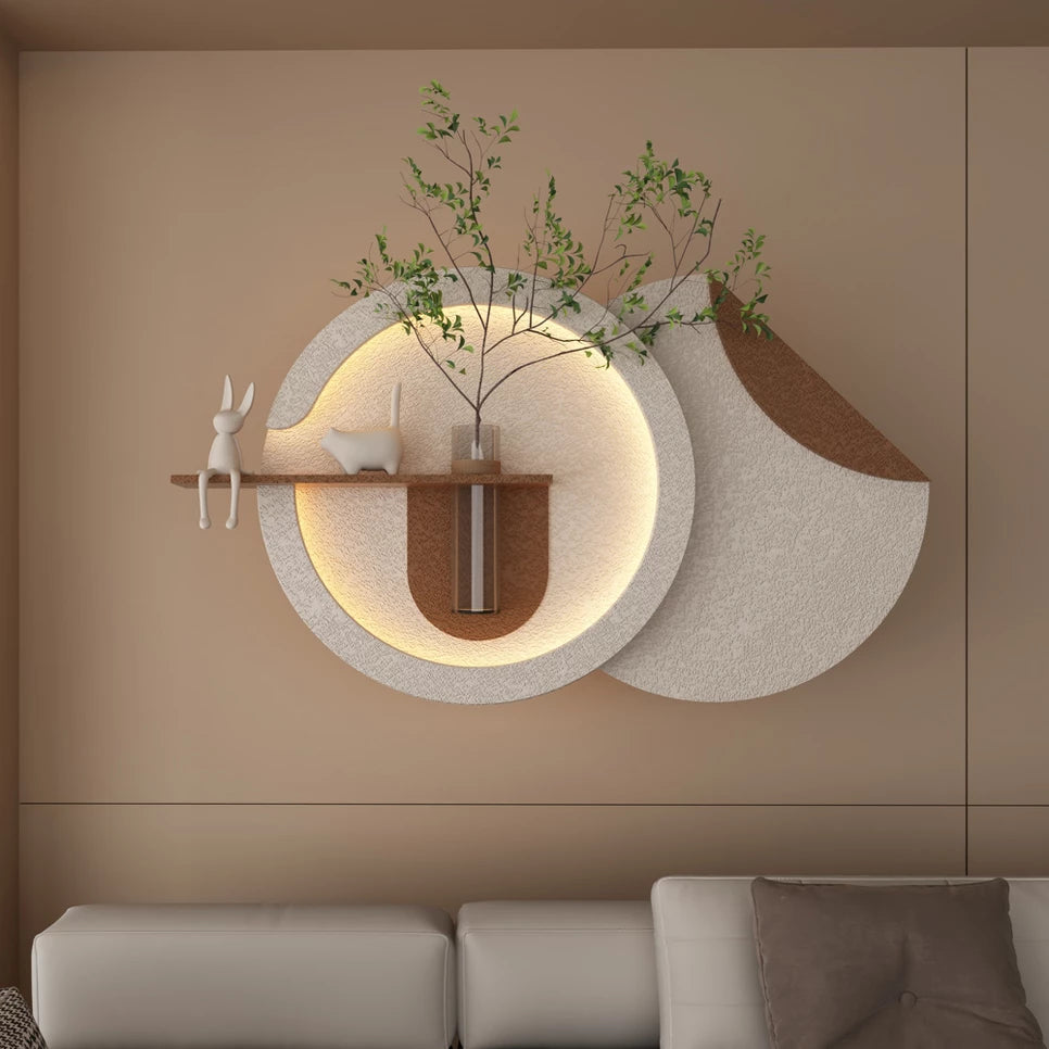 LED 3D Sandstone Wall Art: Illuminated Disc Sculpture with Glass Vase