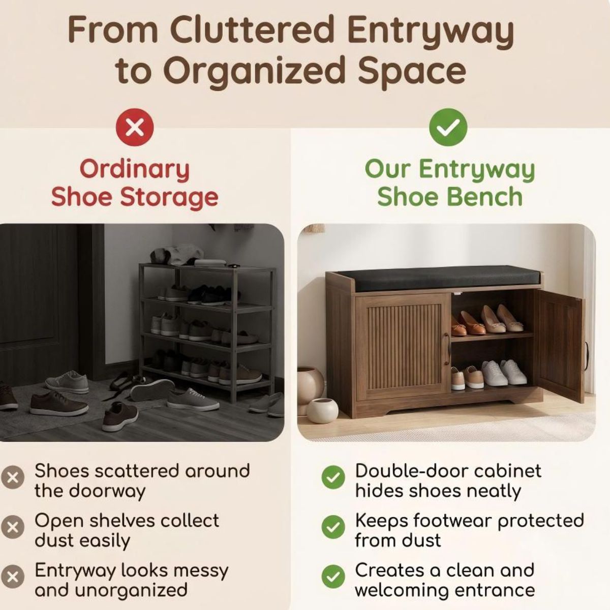 31.5" Shoe Storage Bench with Cushion Seat and Double Door Cabinet