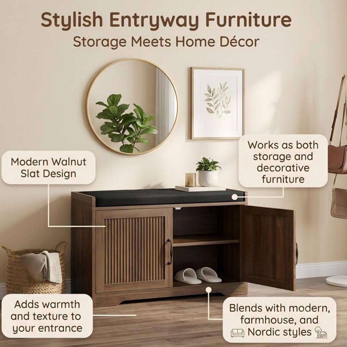 31.5" Shoe Storage Bench with Cushion Seat and Double Door Cabinet