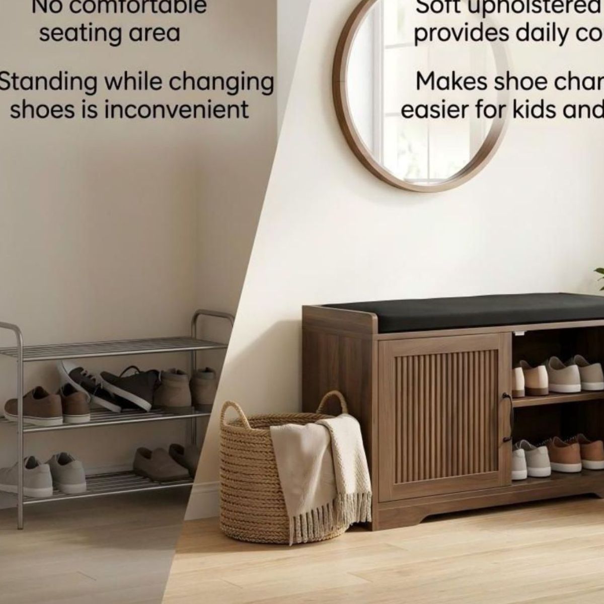 31.5" Shoe Storage Bench with Cushion Seat and Double Door Cabinet