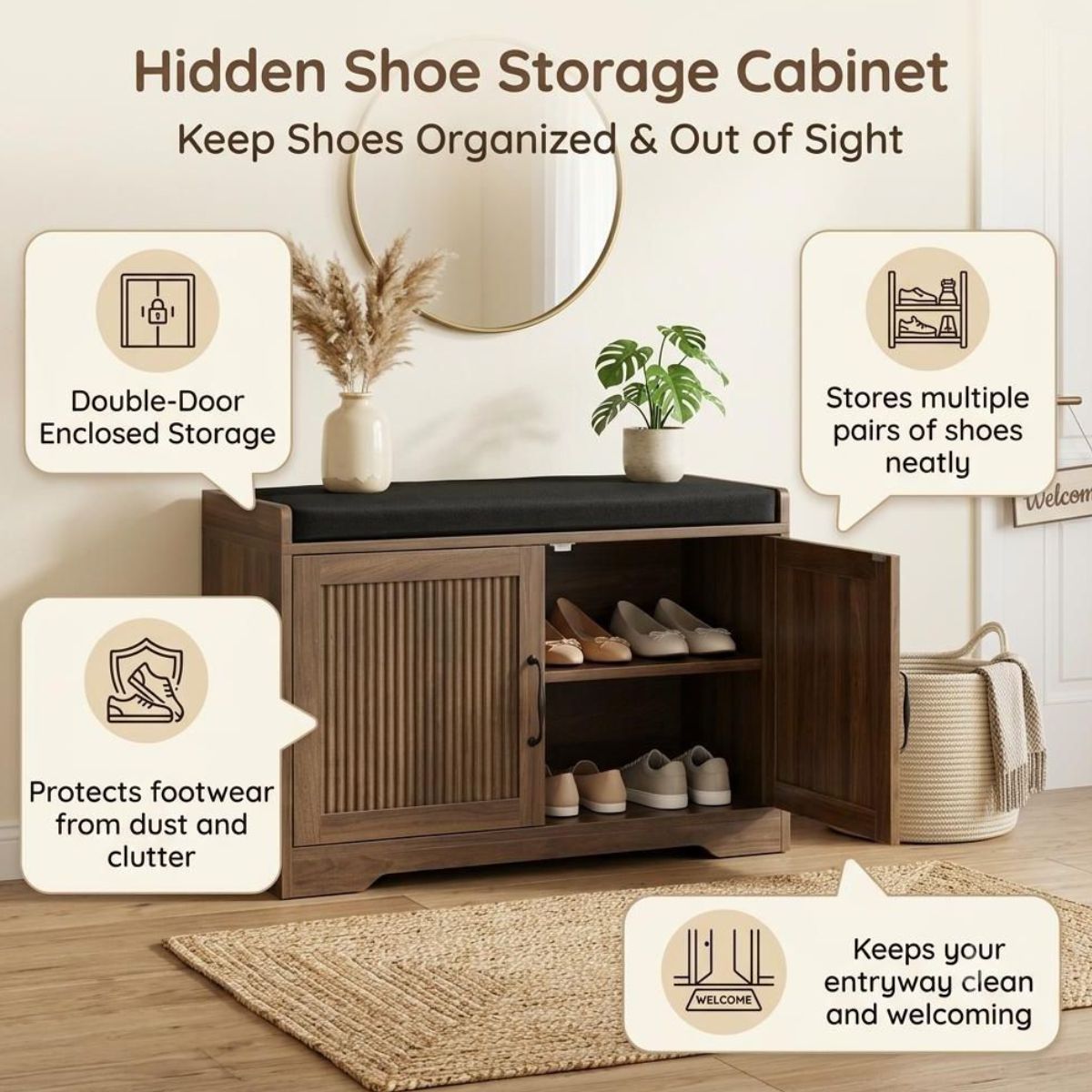 31.5" Shoe Storage Bench with Cushion Seat and Double Door Cabinet