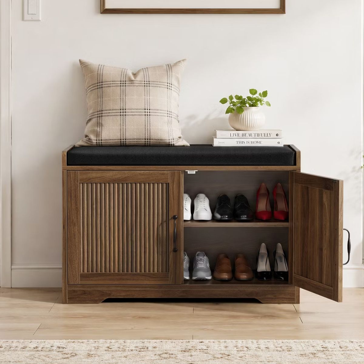 31.5" Shoe Storage Bench with Cushion Seat and Double Door Cabinet
