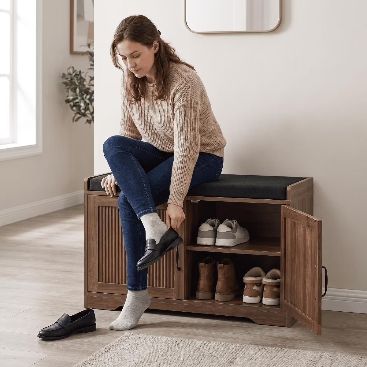 31.5" Shoe Storage Bench with Cushion Seat and Double Door Cabinet