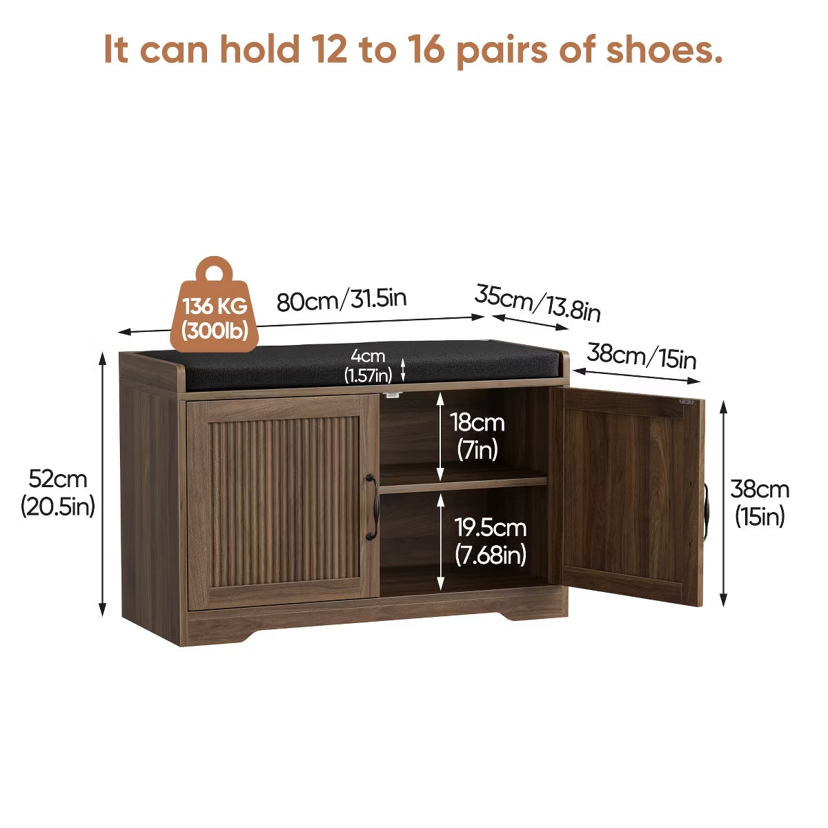 31.5" Shoe Storage Bench with Cushion Seat and Double Door Cabinet
