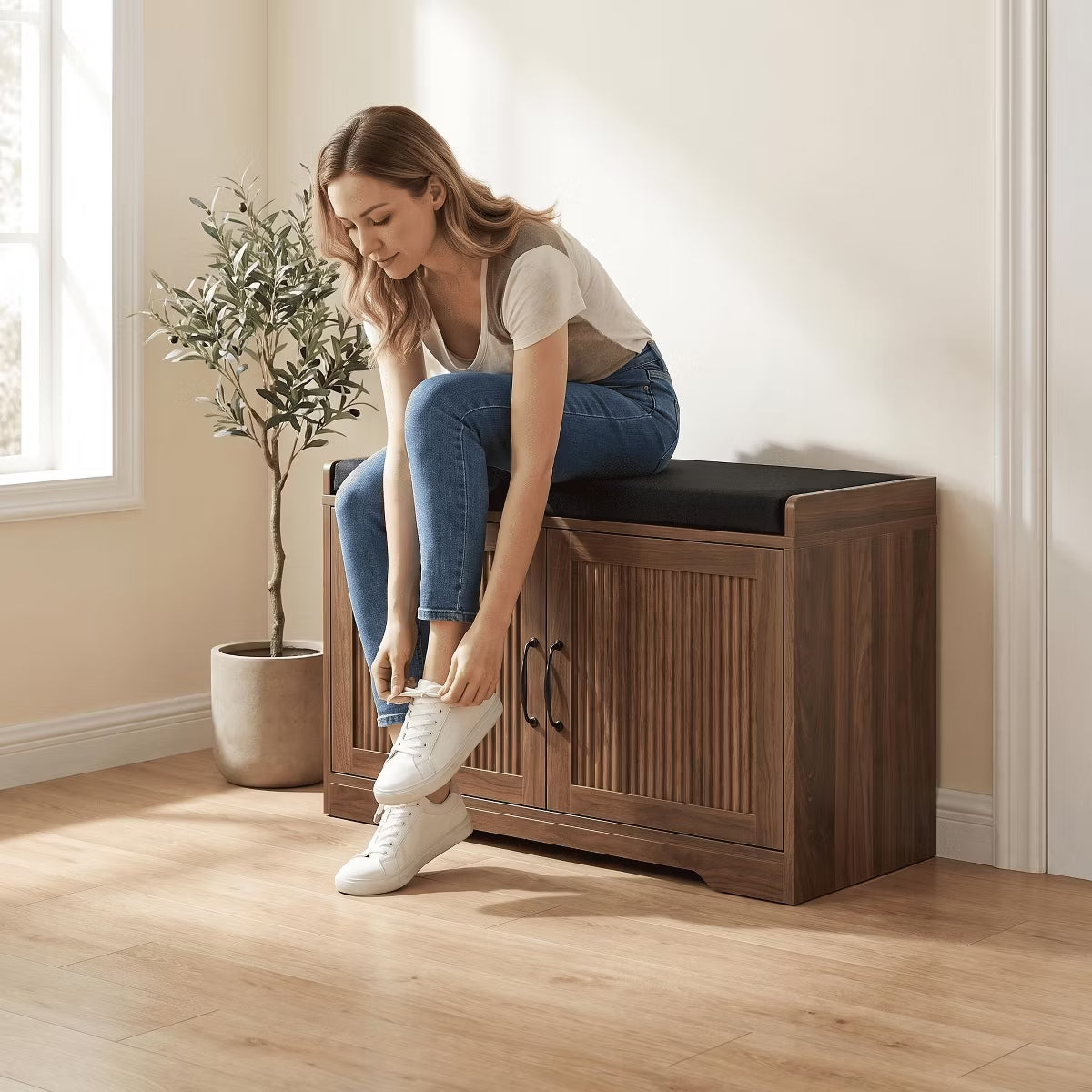 31.5" Shoe Storage Bench with Cushion Seat and Double Door Cabinet