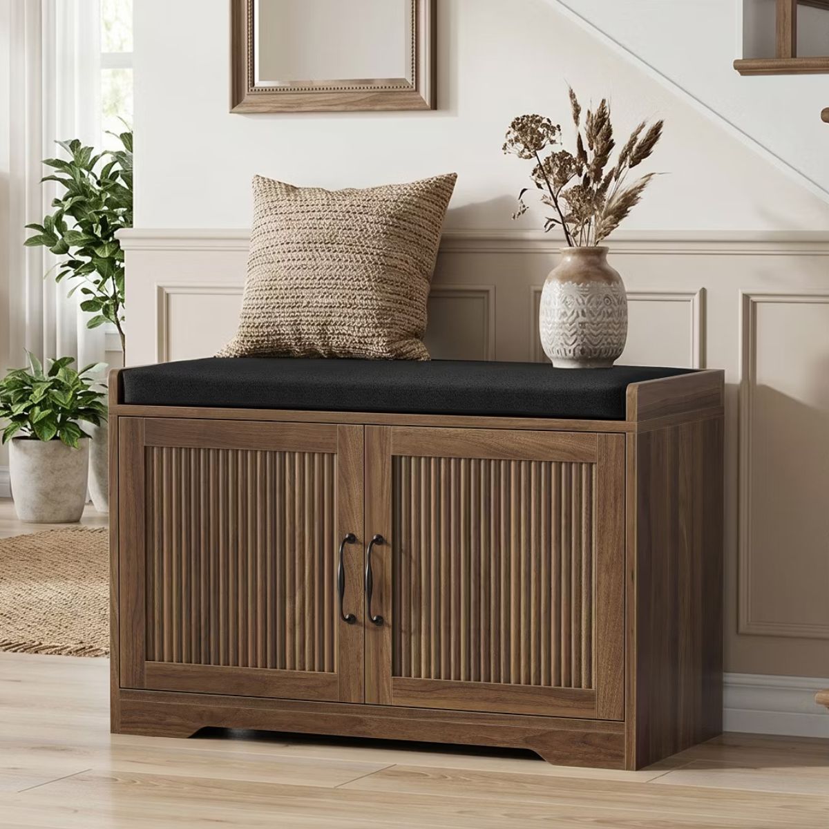 31.5" Shoe Storage Bench with Cushion Seat and Double Door Cabinet