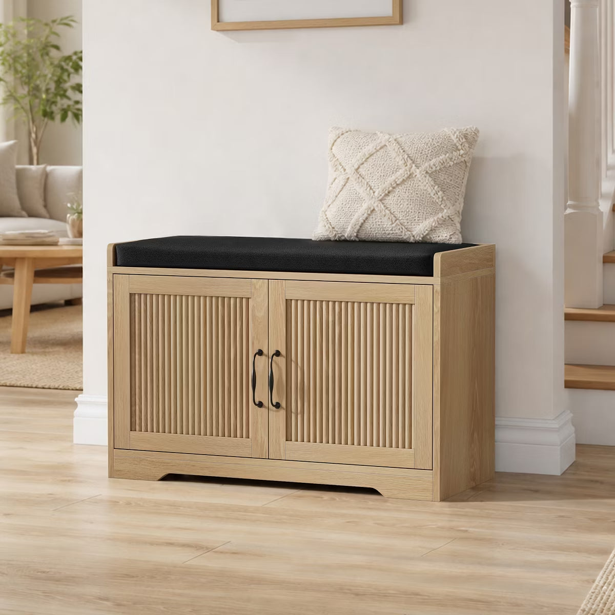 31.5" Shoe Storage Bench with Cushion Seat and Double Door Cabinet