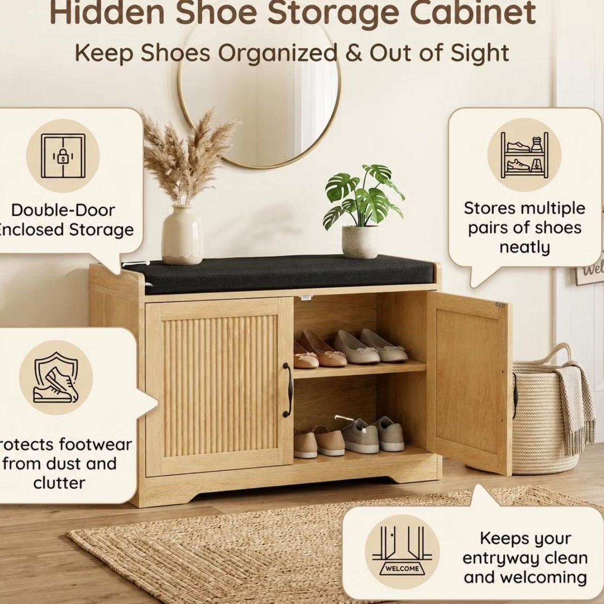 31.5" Shoe Storage Bench with Cushion Seat and Double Door Cabinet
