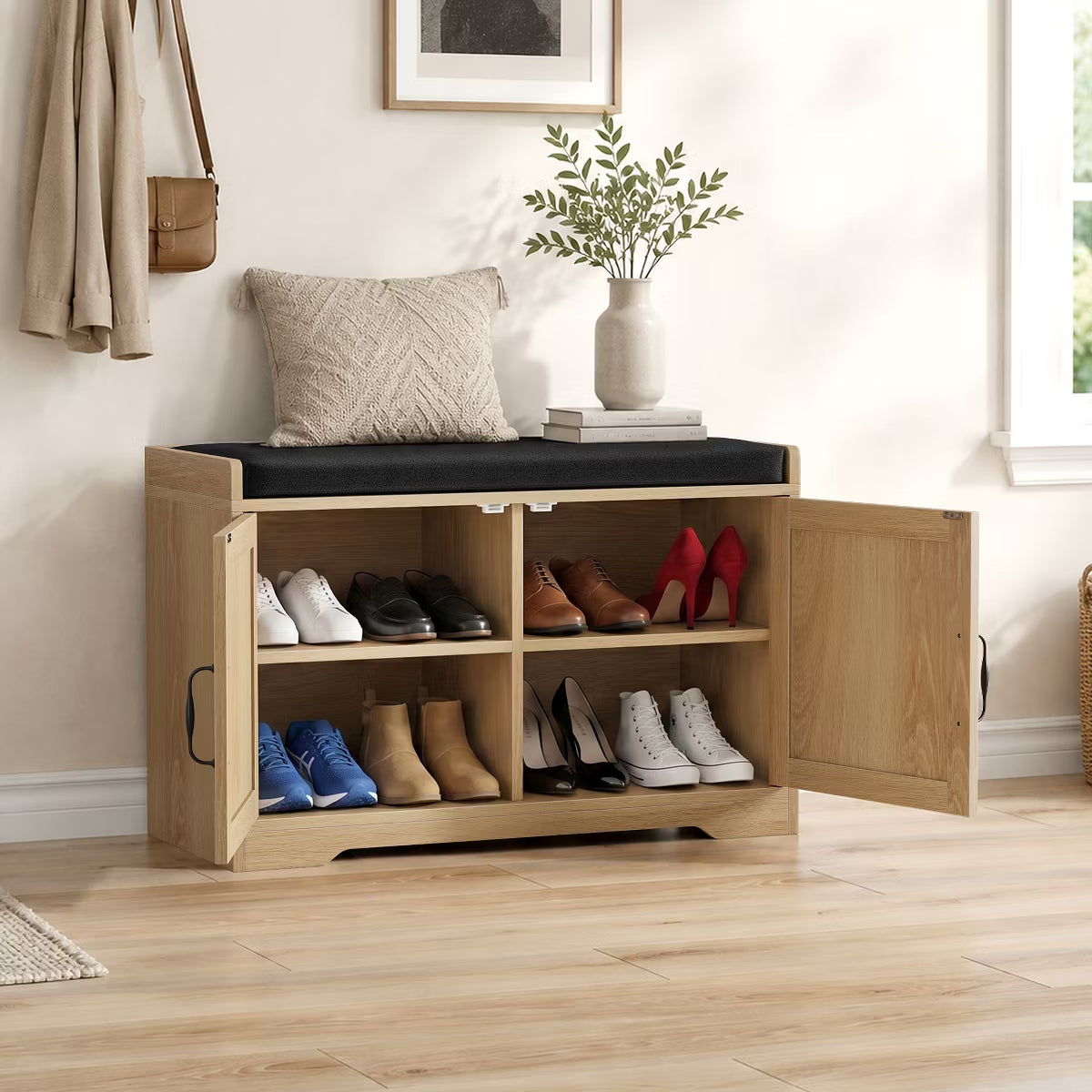 31.5" Shoe Storage Bench with Cushion Seat and Double Door Cabinet