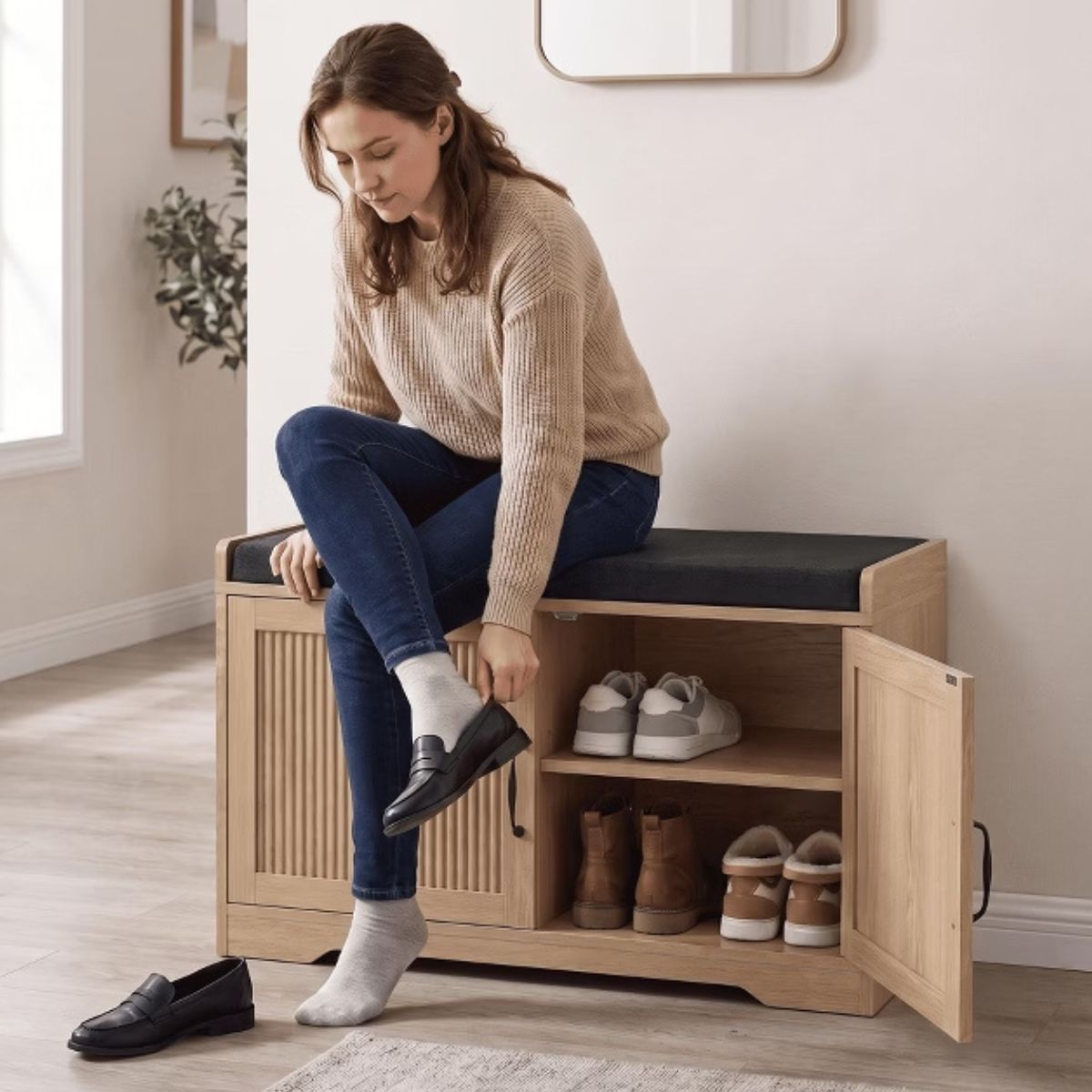 31.5" Shoe Storage Bench with Cushion Seat and Double Door Cabinet