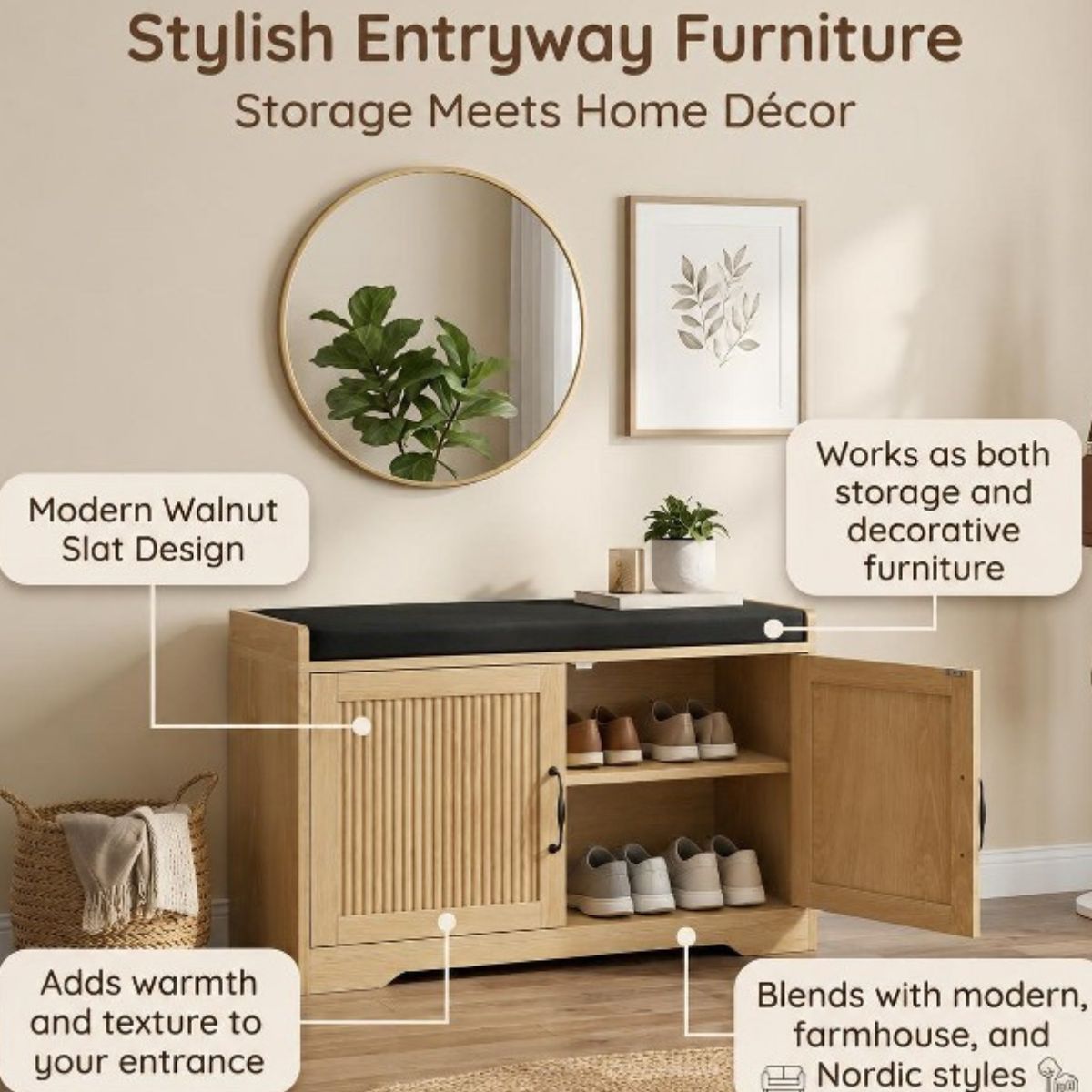 31.5" Shoe Storage Bench with Cushion Seat and Double Door Cabinet