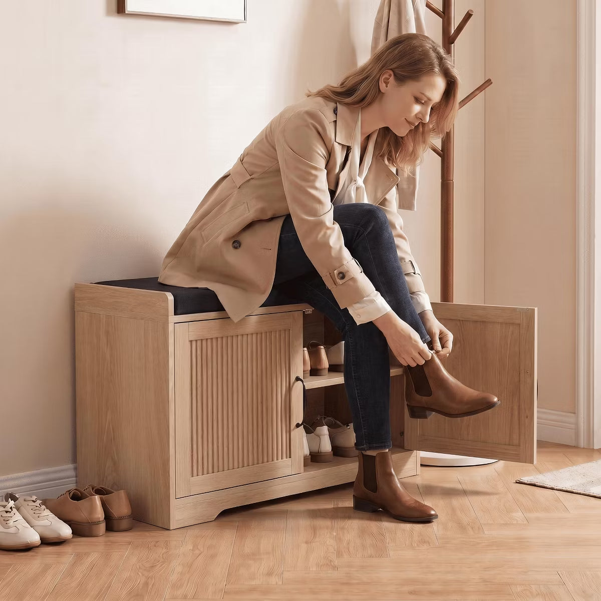 31.5" Shoe Storage Bench with Cushion Seat and Double Door Cabinet