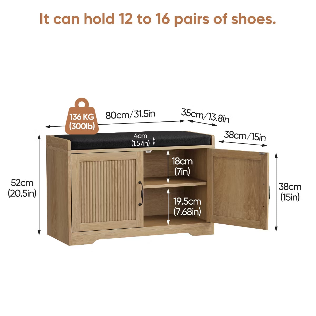 31.5" Shoe Storage Bench with Cushion Seat and Double Door Cabinet
