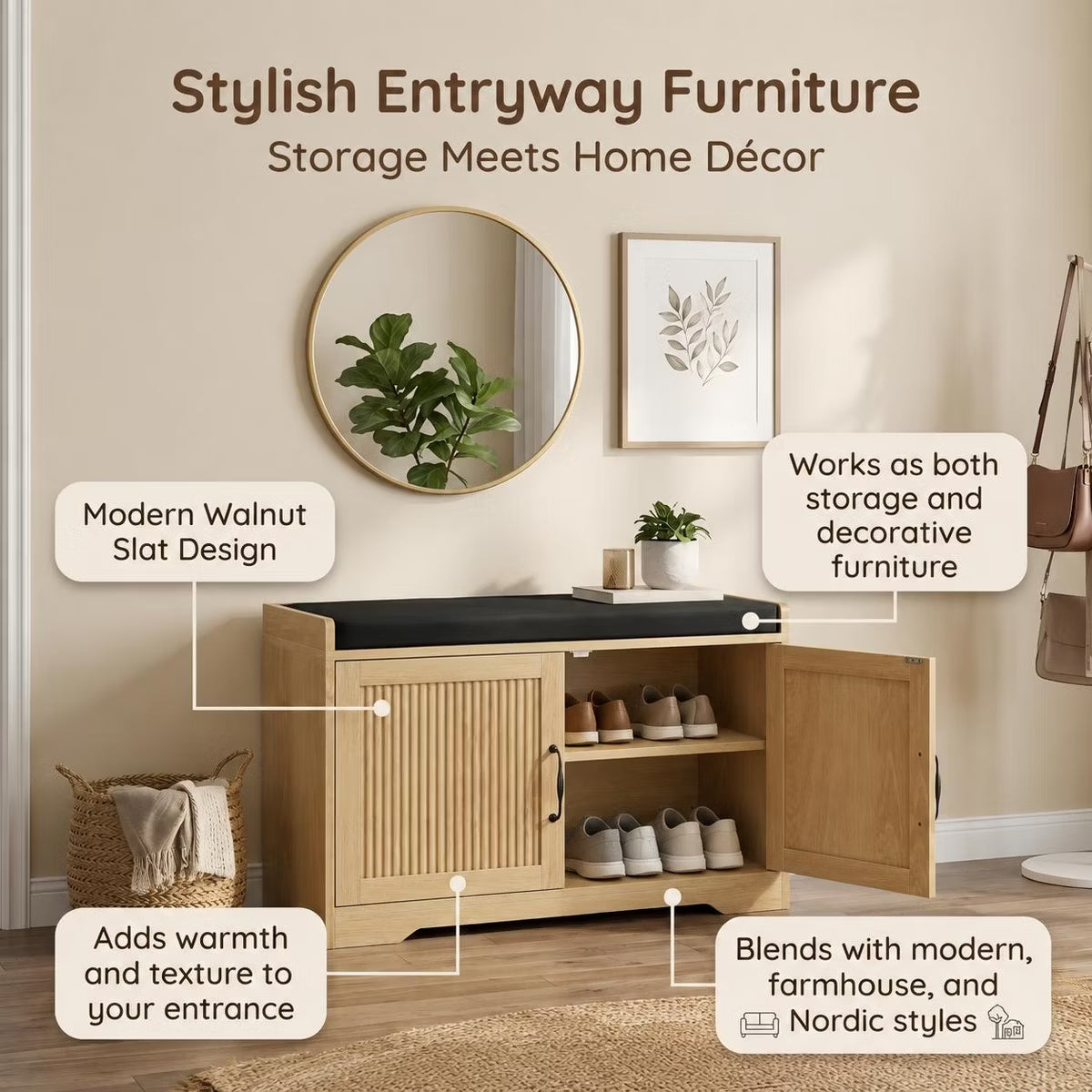 31.5" Shoe Storage Bench with Cushion Seat and Double Door Cabinet