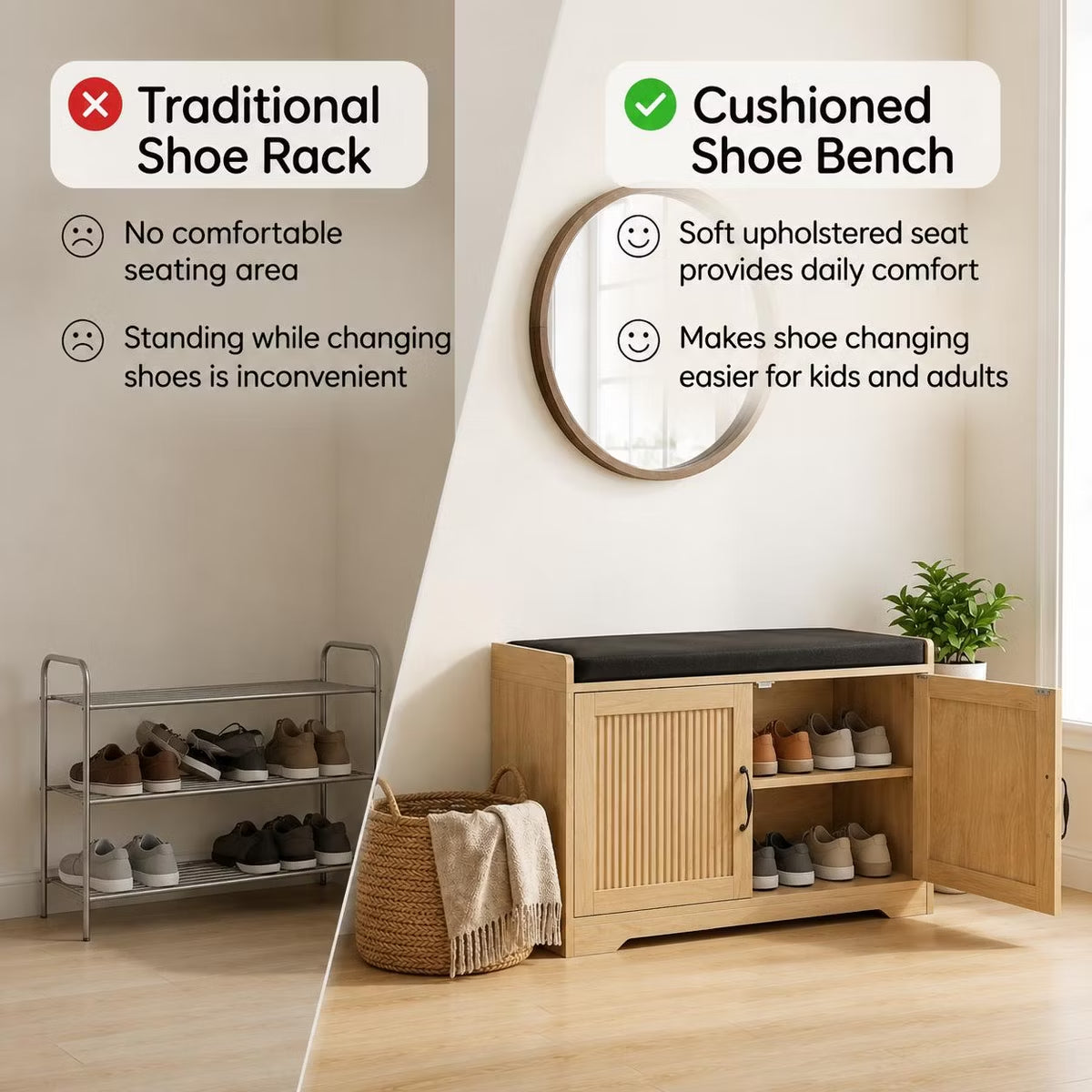 31.5" Shoe Storage Bench with Cushion Seat and Double Door Cabinet