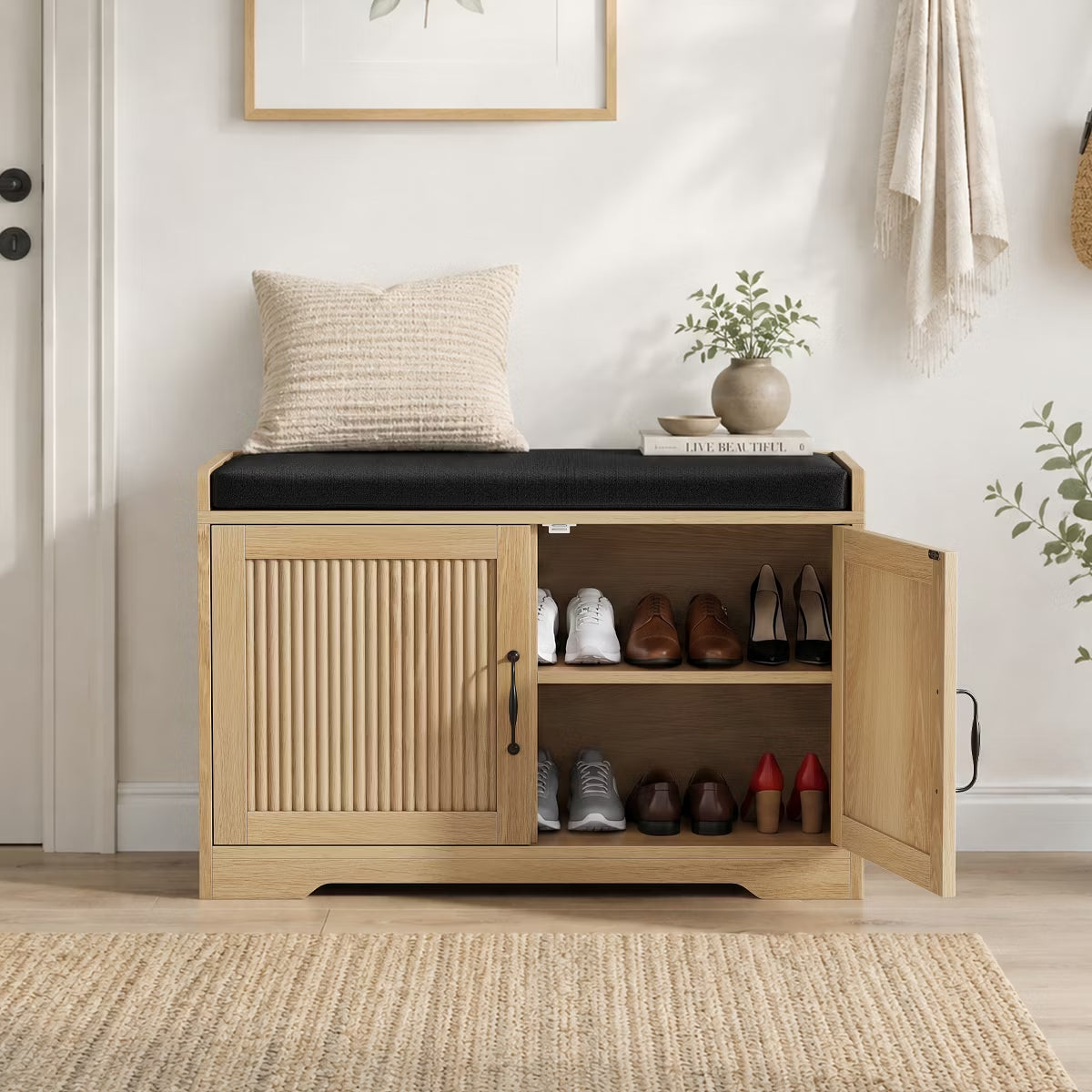 31.5" Shoe Storage Bench with Cushion Seat and Double Door Cabinet