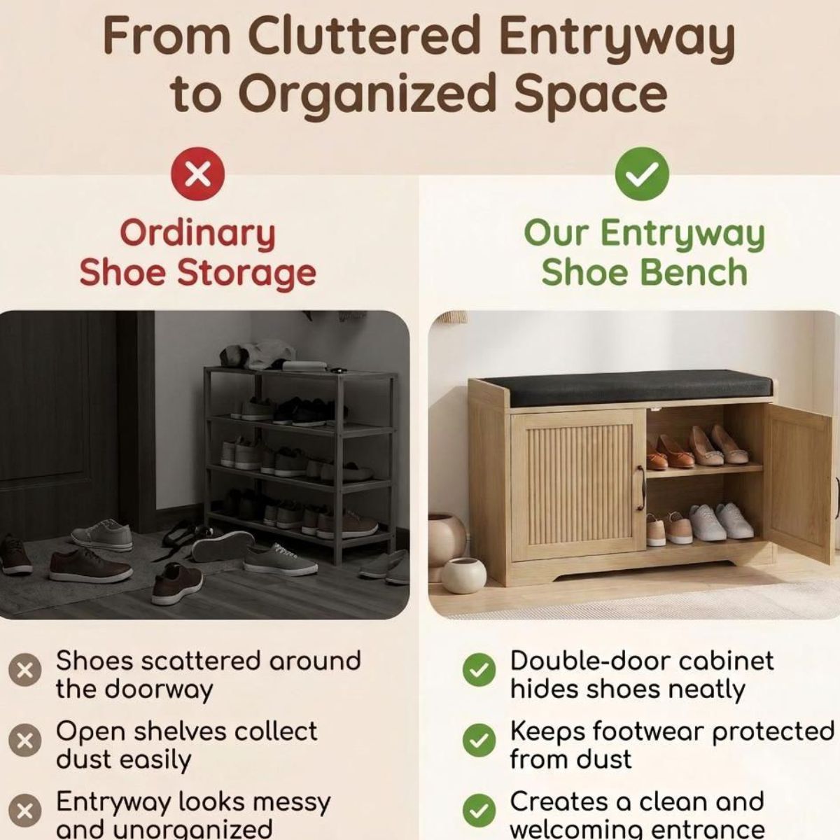 31.5" Shoe Storage Bench with Cushion Seat and Double Door Cabinet