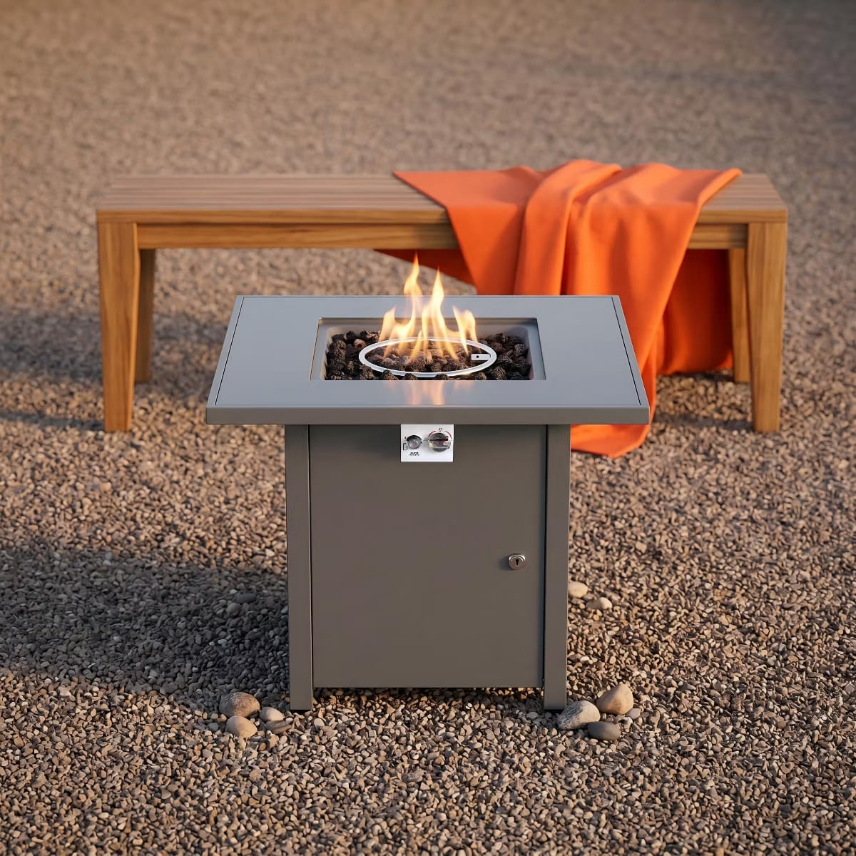 Outdoor Fire Pit Table with Smoked Glass Top, Lava Rocks & Cover