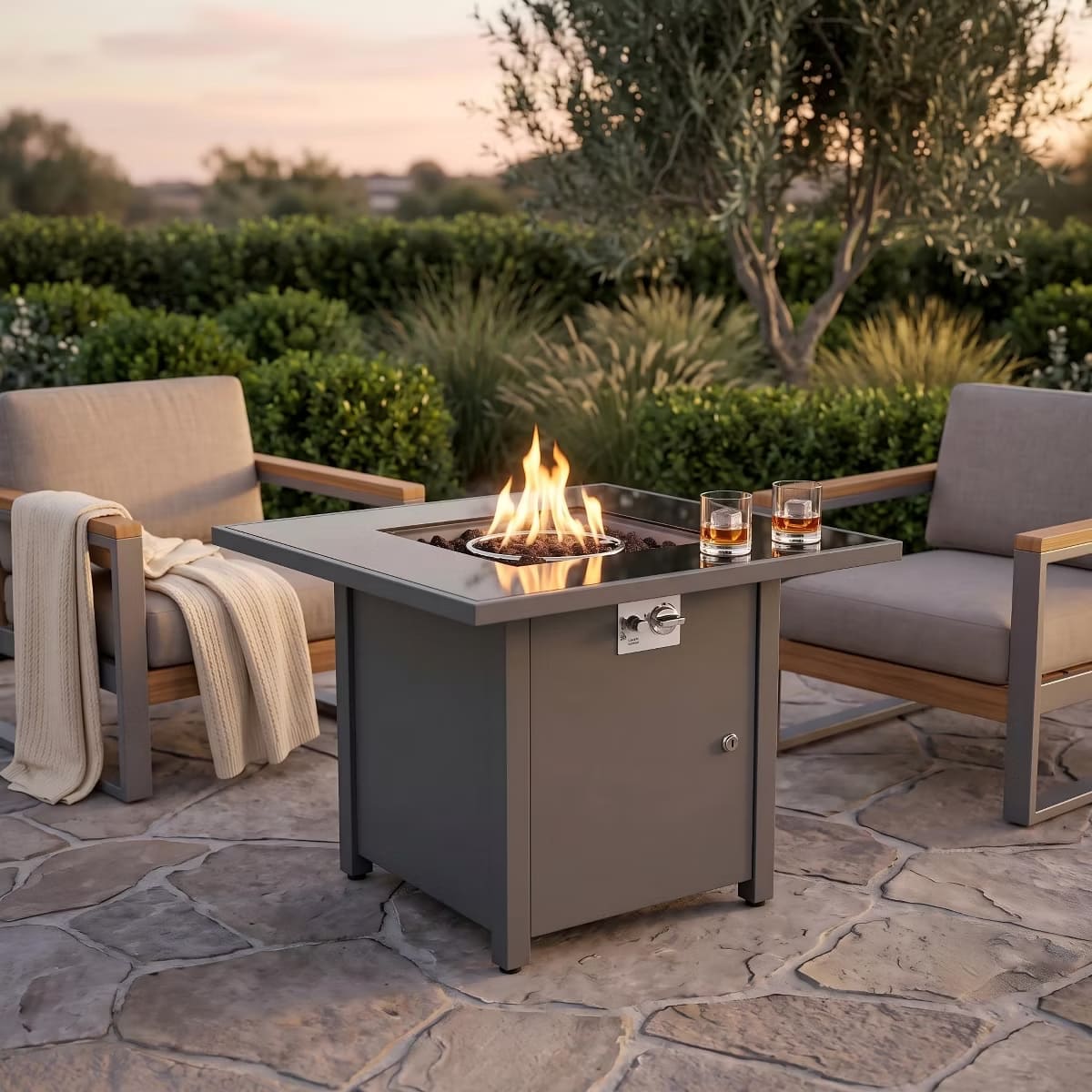 Outdoor Fire Pit Table with Smoked Glass Top, Lava Rocks & Cover