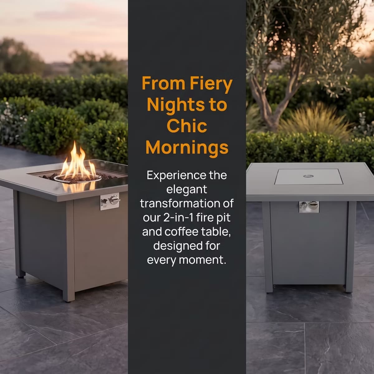 Outdoor Fire Pit Table with Smoked Glass Top, Lava Rocks & Cover