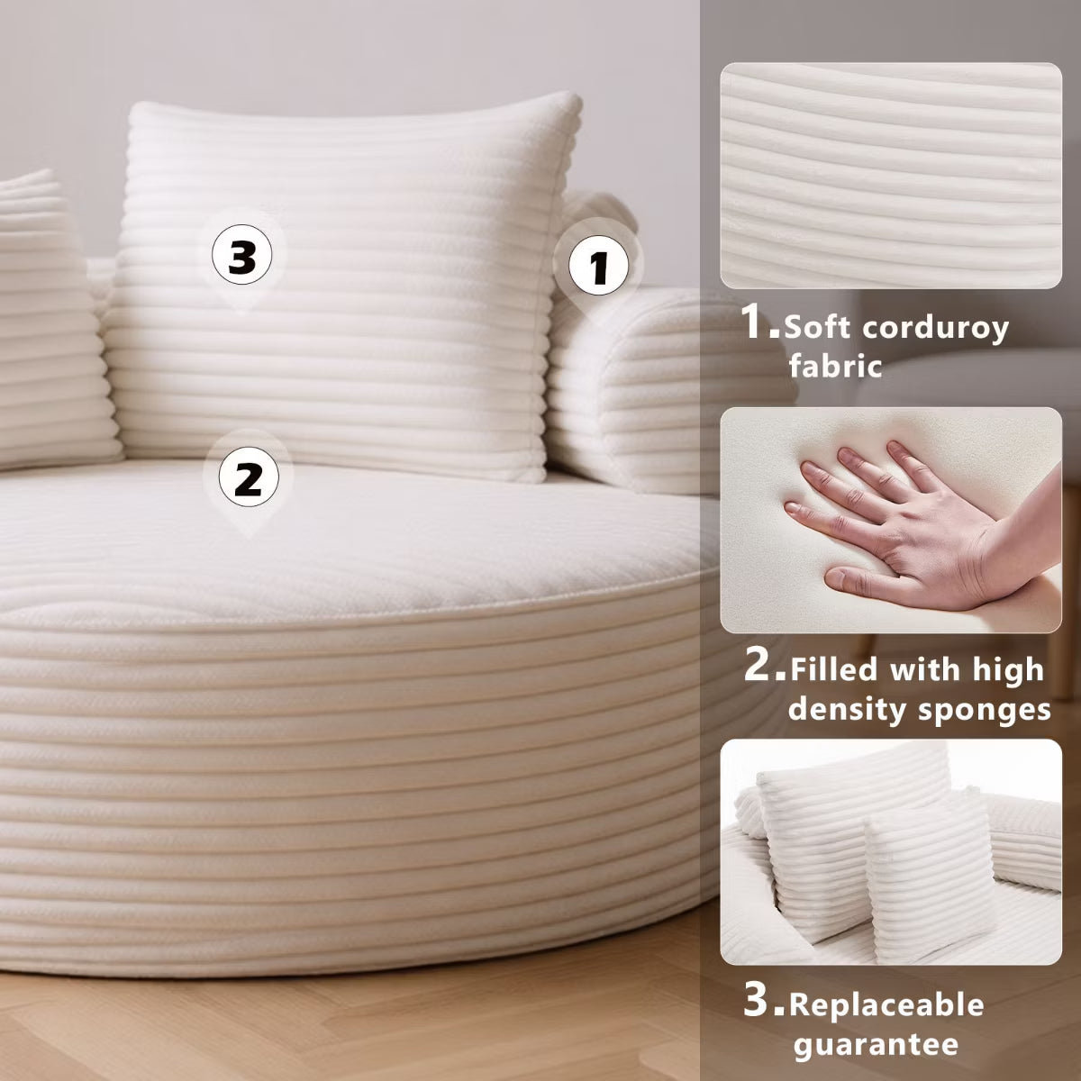 Round Sofa Bed with Memory Foam, Pocket Springs & Ribbed Velvet