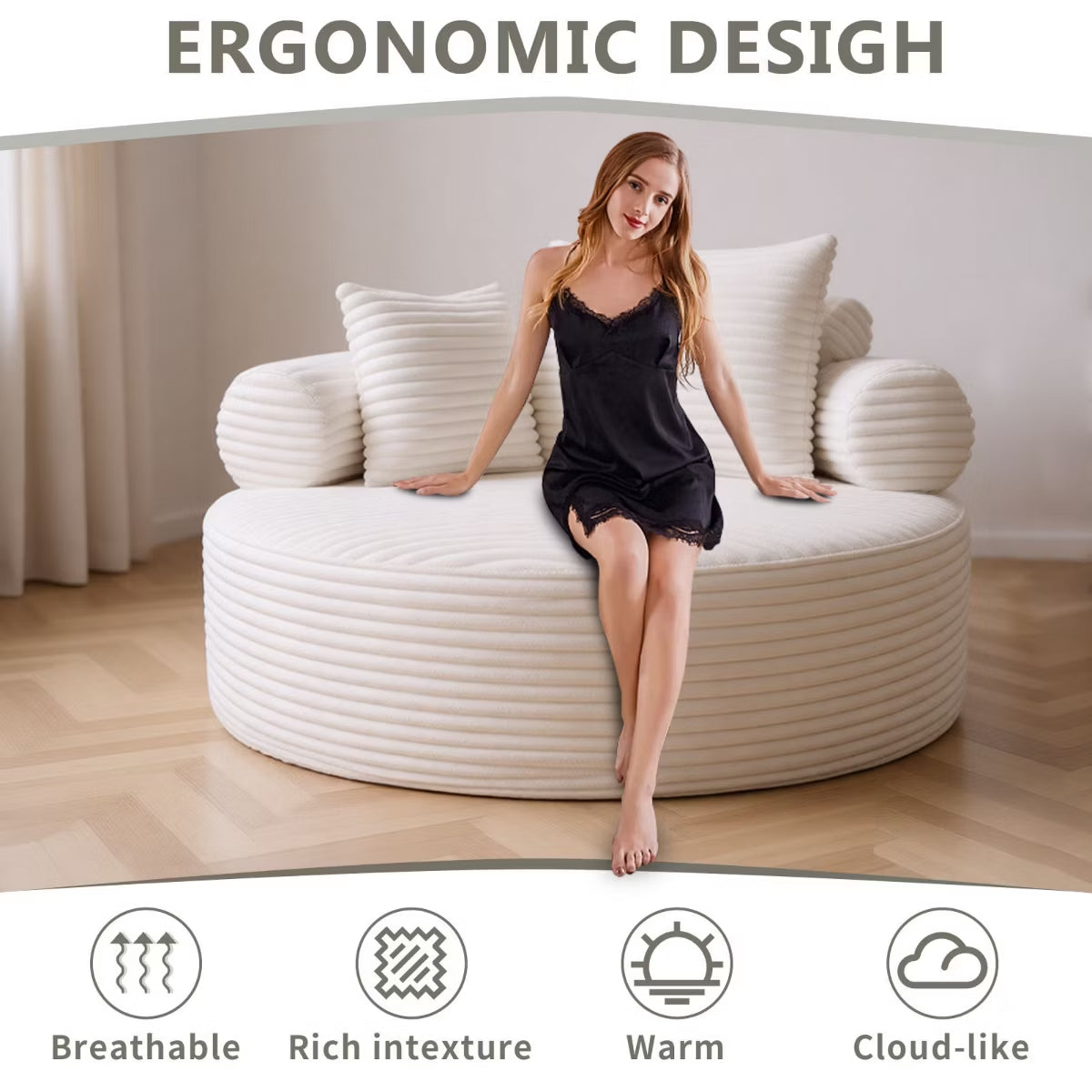 Round Sofa Bed with Memory Foam, Pocket Springs & Ribbed Velvet