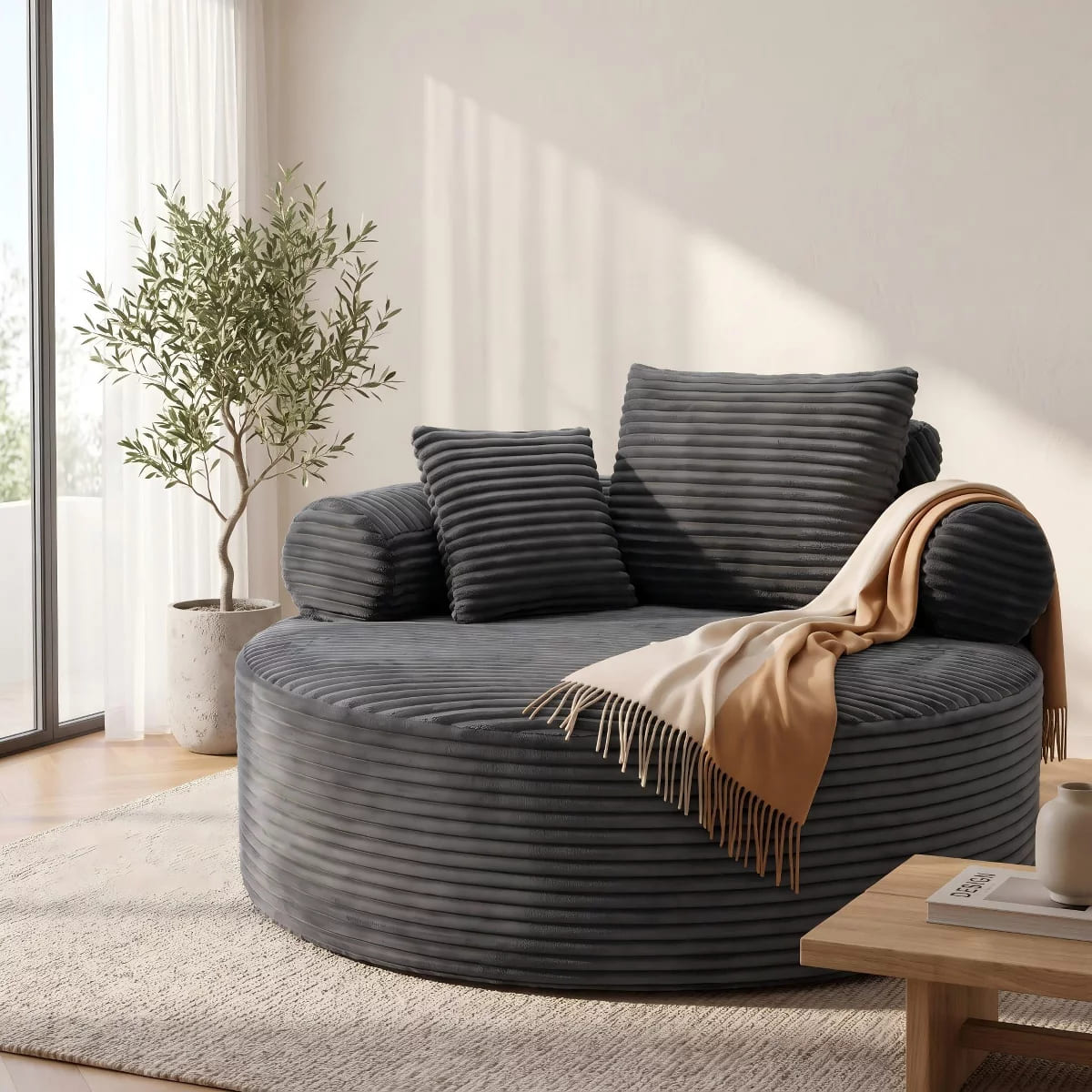 Round Sofa Bed with Memory Foam, Pocket Springs & Ribbed Velvet