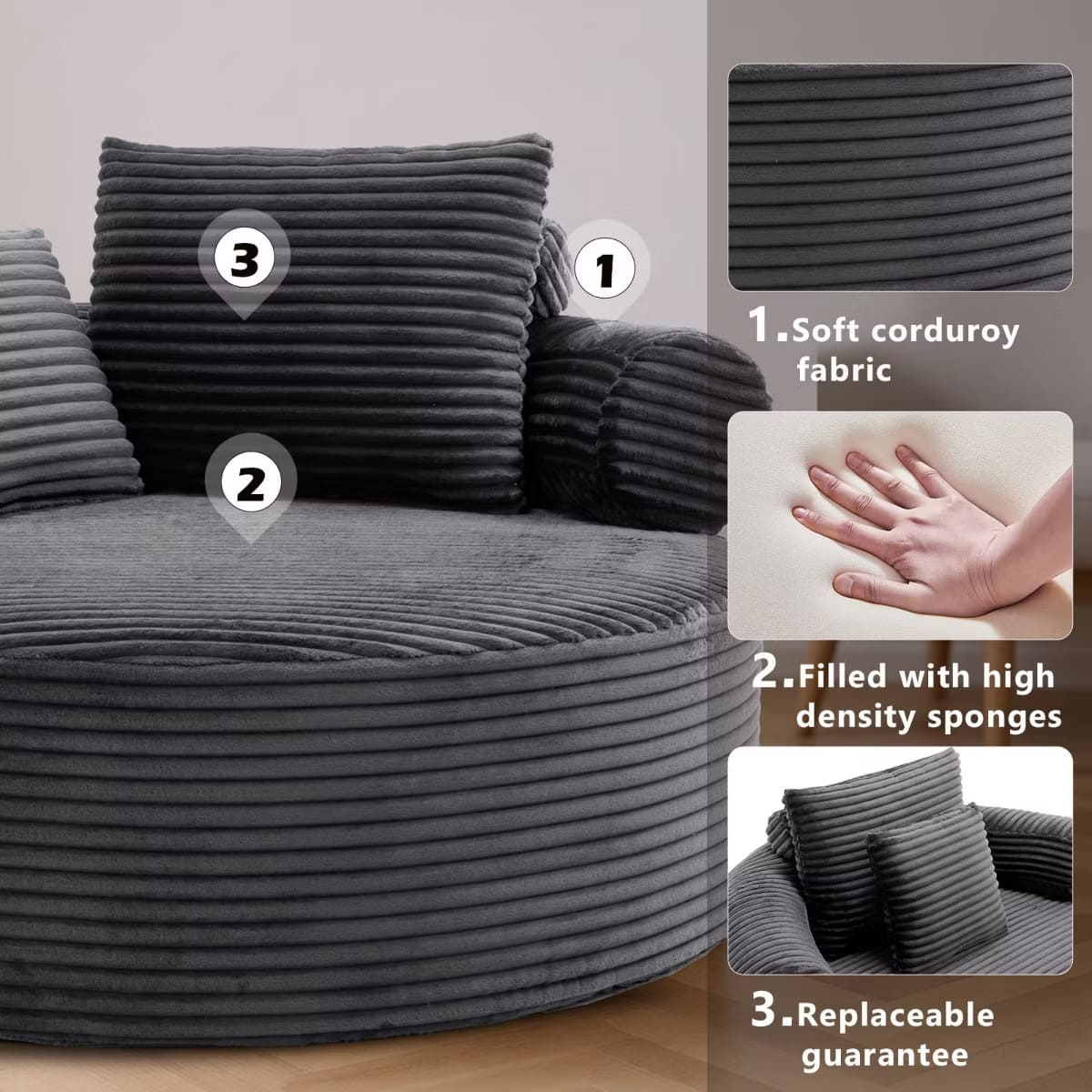 Round Sofa Bed with Memory Foam, Pocket Springs & Ribbed Velvet
