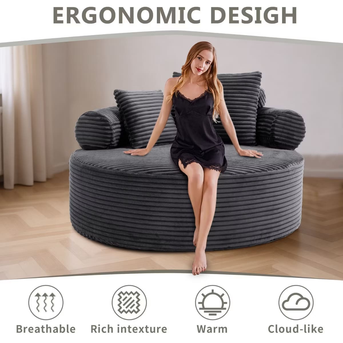 Round Sofa Bed with Memory Foam, Pocket Springs & Ribbed Velvet