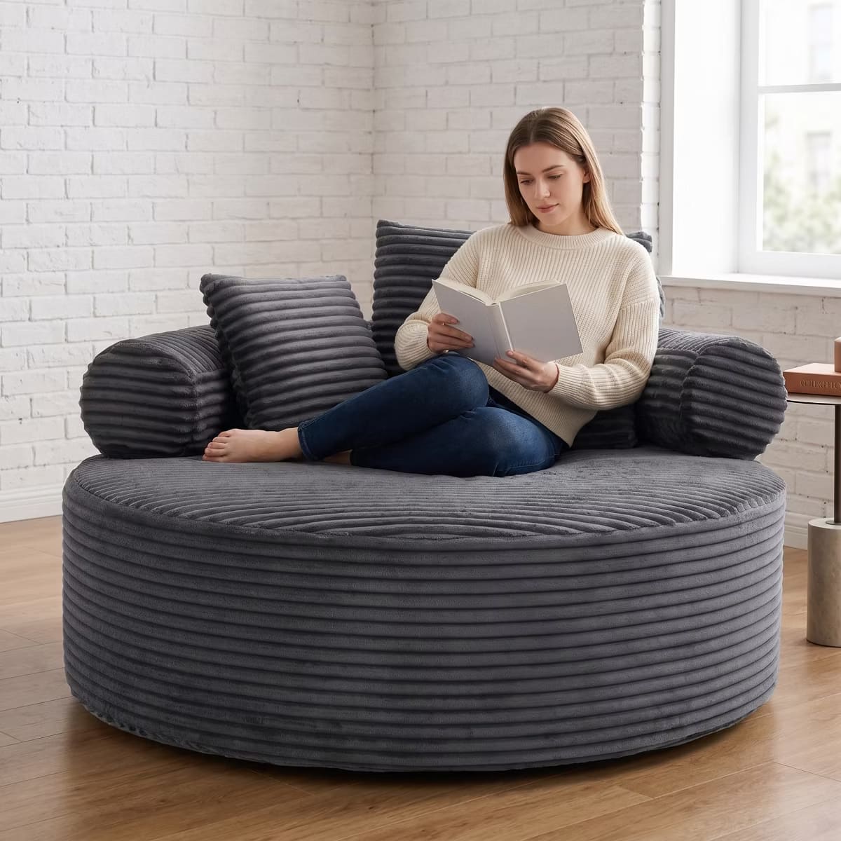 Round Sofa Bed with Memory Foam, Pocket Springs & Ribbed Velvet