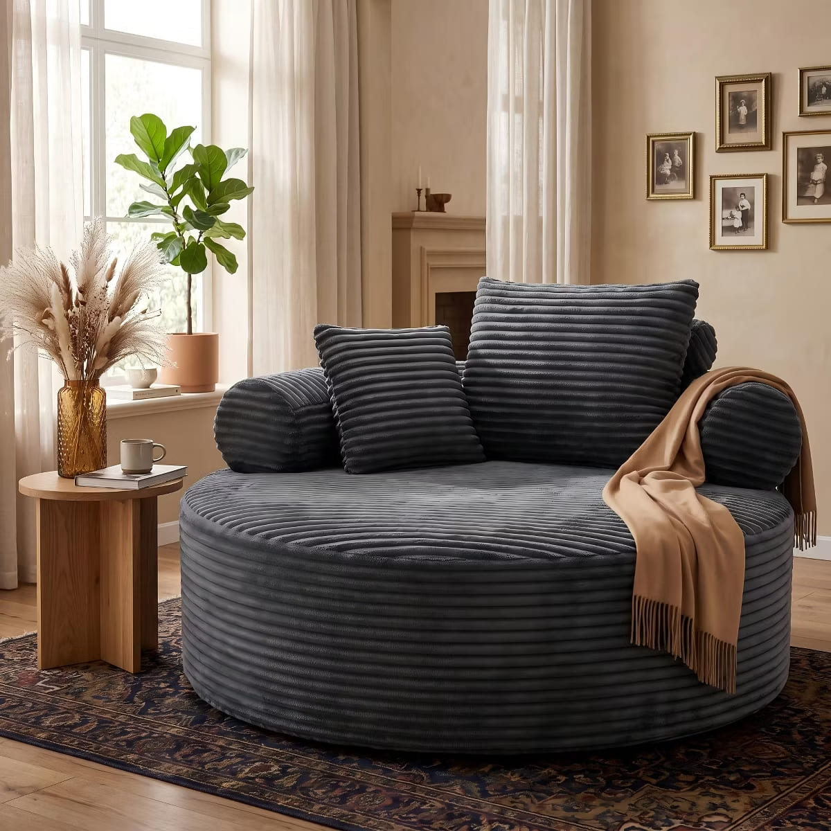 Round Sofa Bed with Memory Foam, Pocket Springs & Ribbed Velvet
