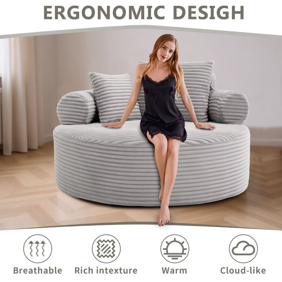 Round Sofa Bed with Memory Foam, Pocket Springs & Ribbed Velvet