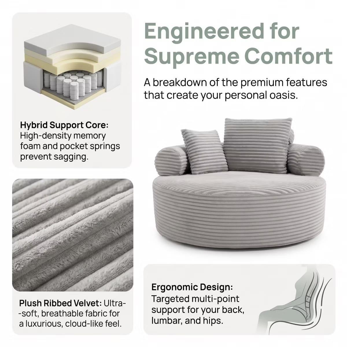 Round Sofa Bed with Memory Foam, Pocket Springs & Ribbed Velvet