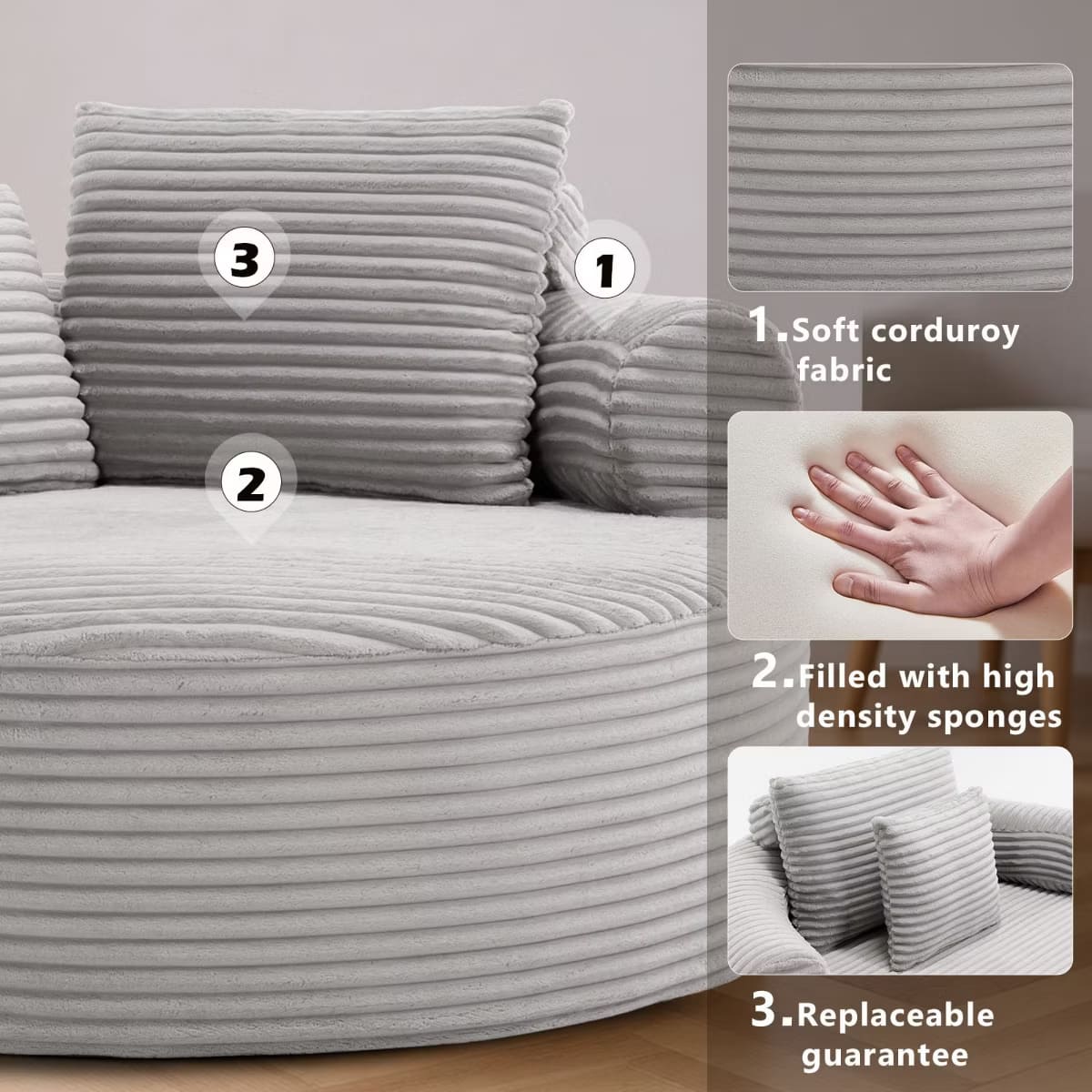 Round Sofa Bed with Memory Foam, Pocket Springs & Ribbed Velvet