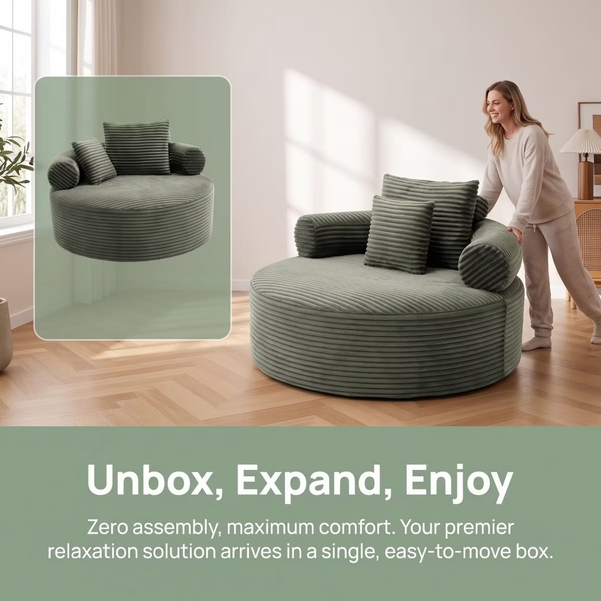 Round Sofa Bed with Memory Foam, Pocket Springs & Ribbed Velvet