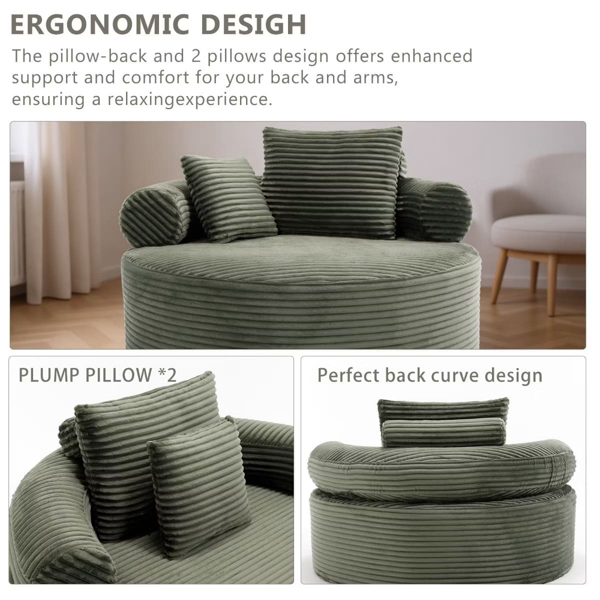 Round Sofa Bed with Memory Foam, Pocket Springs & Ribbed Velvet