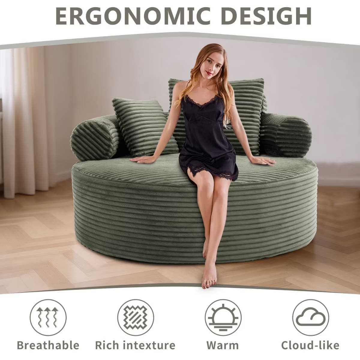 Round Sofa Bed with Memory Foam, Pocket Springs & Ribbed Velvet