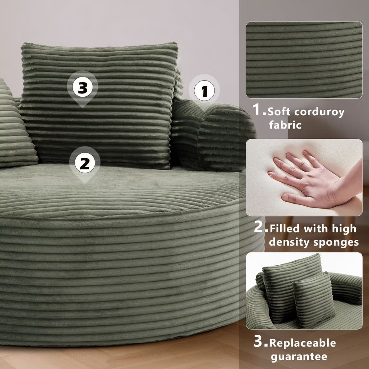 Round Sofa Bed with Memory Foam, Pocket Springs & Ribbed Velvet