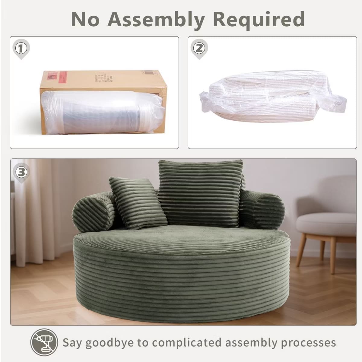 Round Sofa Bed with Memory Foam, Pocket Springs & Ribbed Velvet