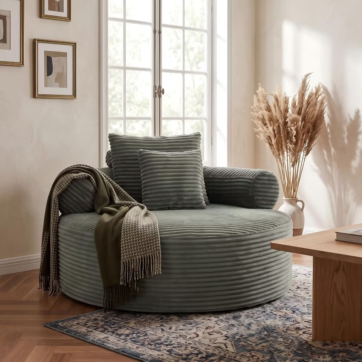 Round Sofa Bed with Memory Foam, Pocket Springs & Ribbed Velvet