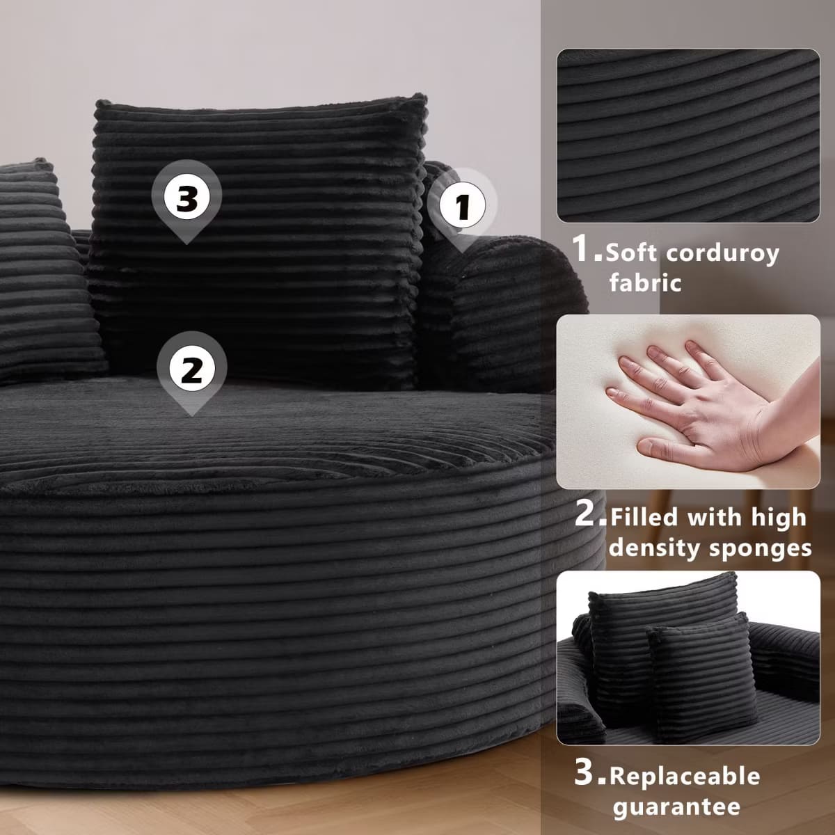Round Sofa Bed with Memory Foam, Pocket Springs & Ribbed Velvet