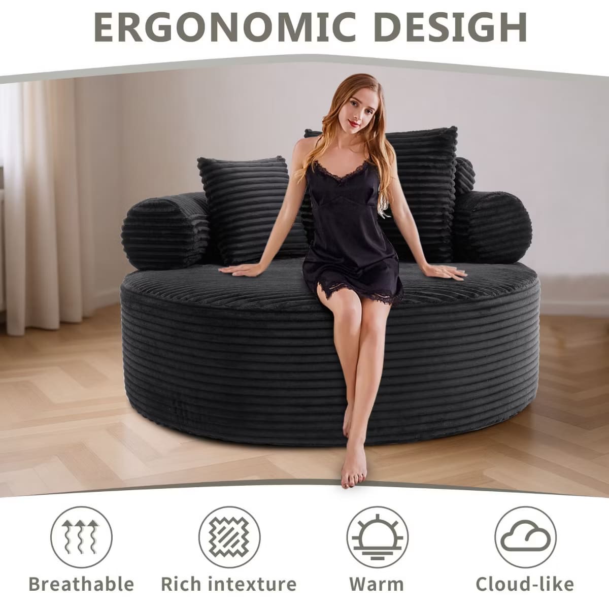 Round Sofa Bed with Memory Foam, Pocket Springs & Ribbed Velvet
