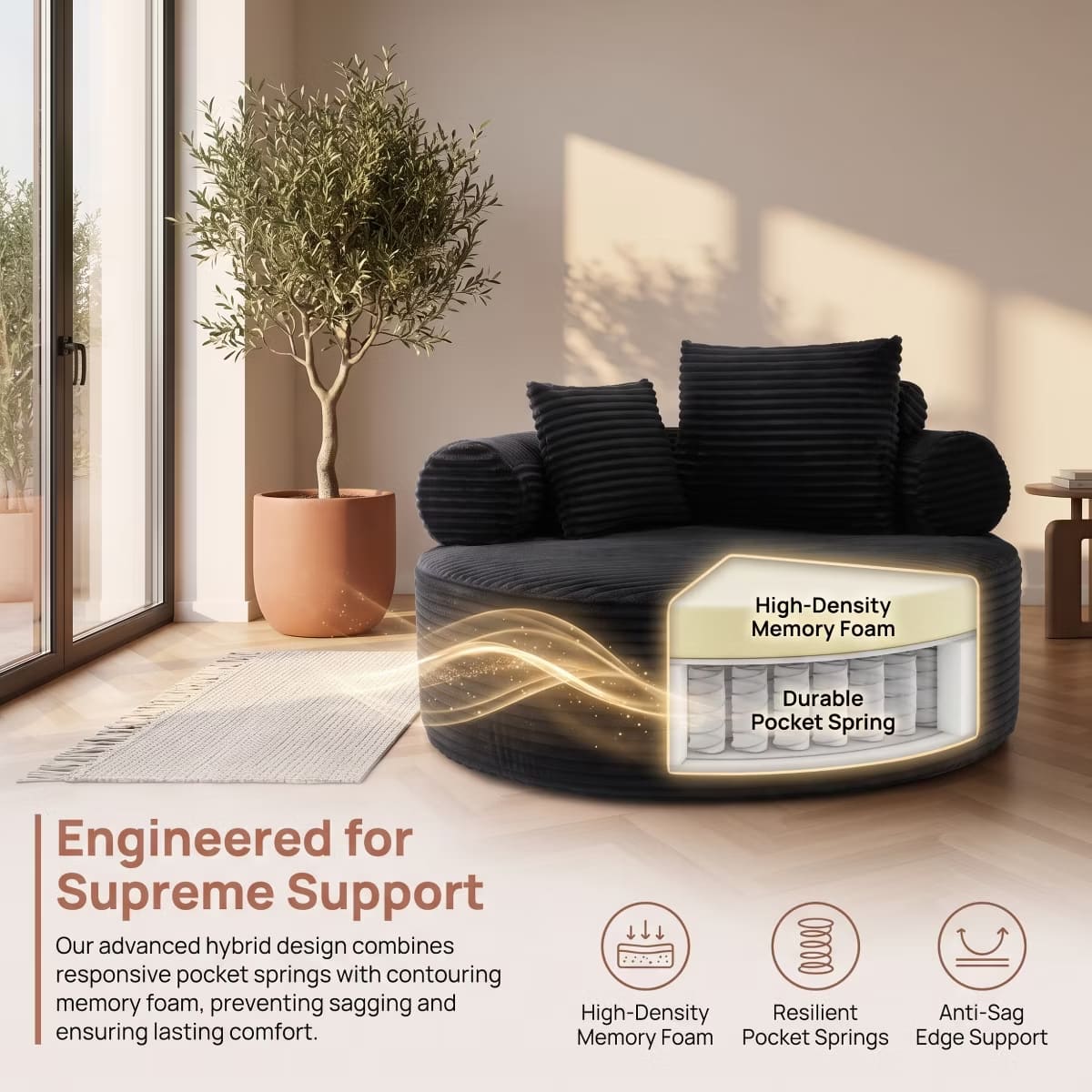 Round Sofa Bed with Memory Foam, Pocket Springs & Ribbed Velvet