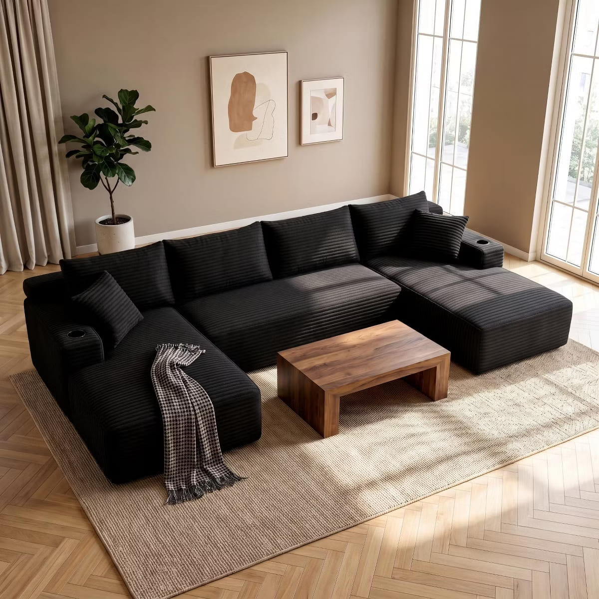 U-Shape Sectional Sofa with Deep Seats, Cup Holders & Storage Pockets