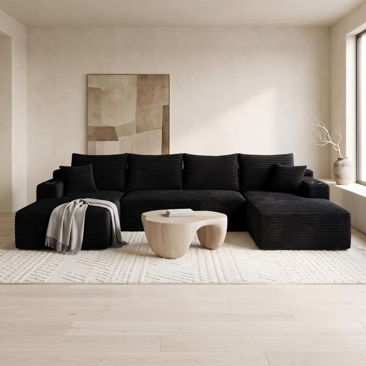 U-Shape Sectional Sofa with Deep Seats, Cup Holders & Storage Pockets