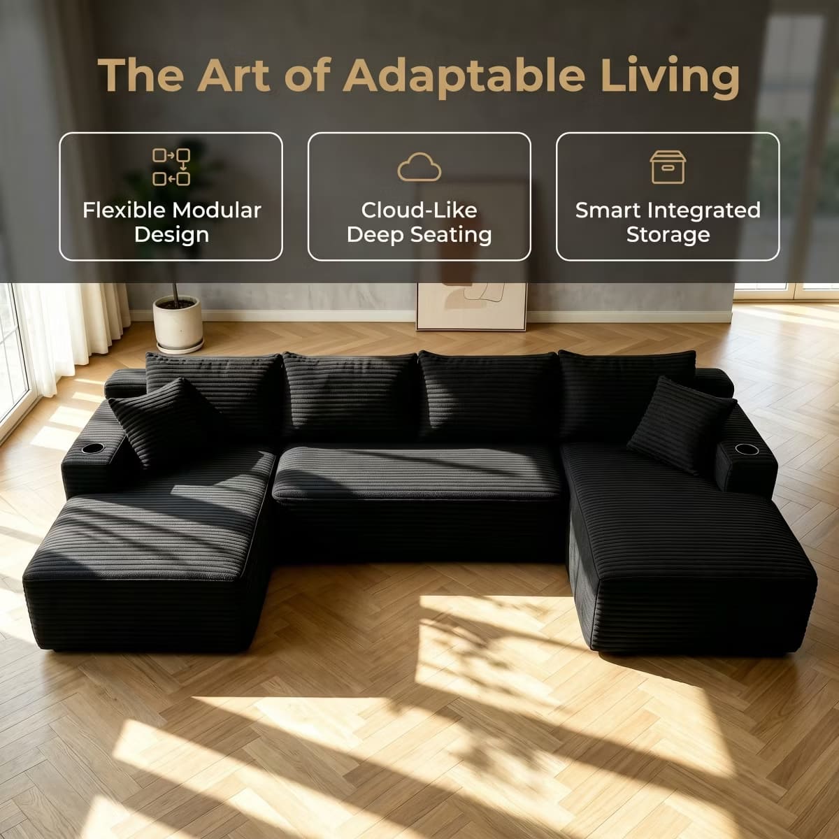 U-Shape Sectional Sofa with Deep Seats, Cup Holders & Storage Pockets