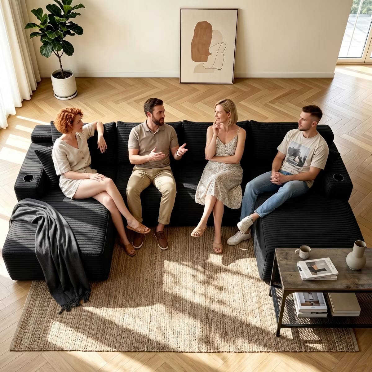 U-Shape Sectional Sofa with Deep Seats, Cup Holders & Storage Pockets