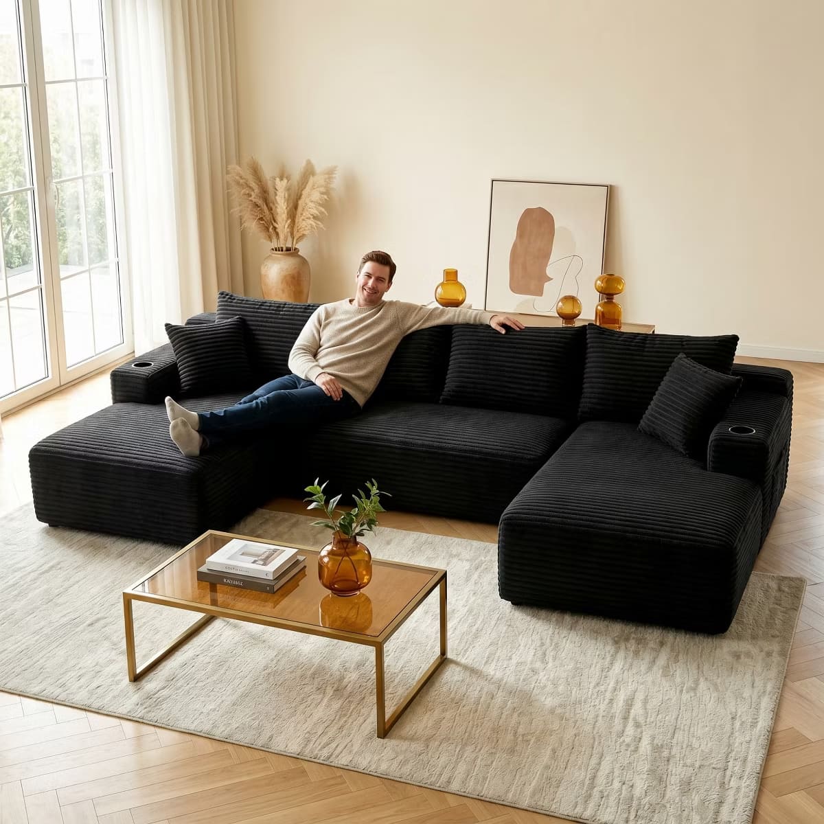 U-Shape Sectional Sofa with Deep Seats, Cup Holders & Storage Pockets