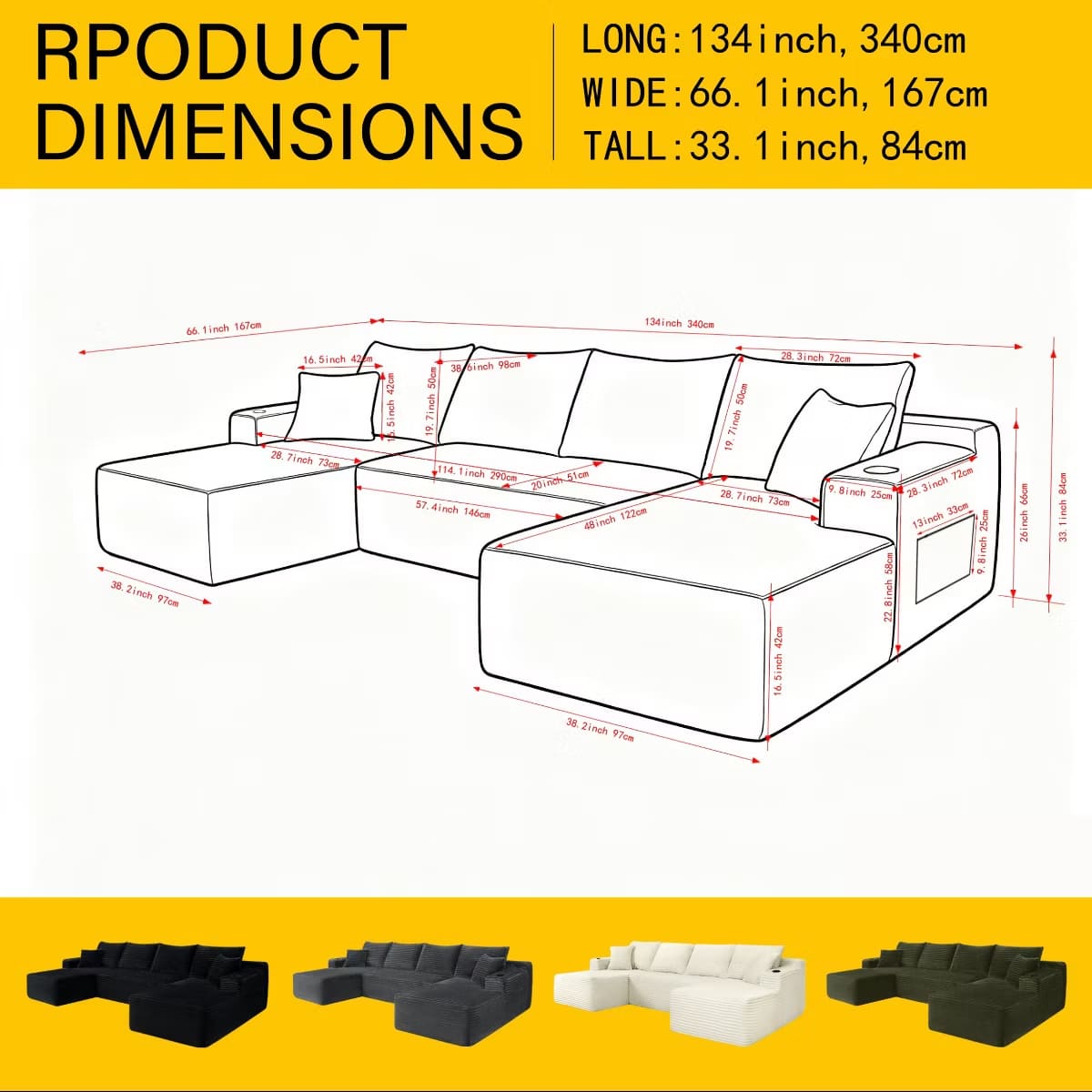 U-Shape Sectional Sofa with Deep Seats, Cup Holders & Storage Pockets
