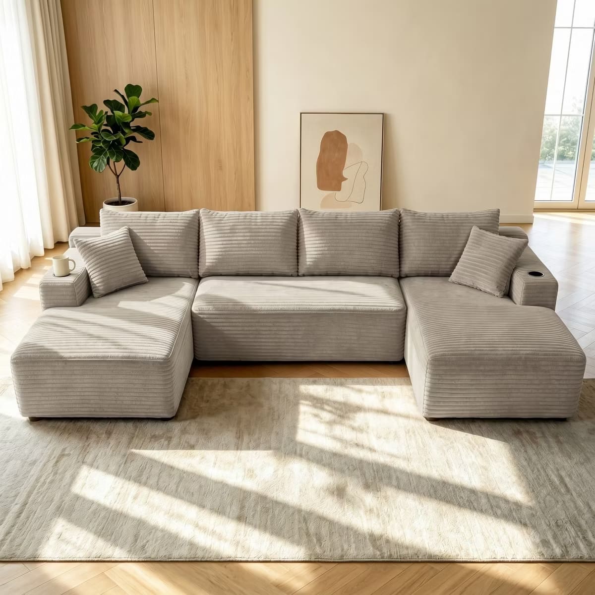 U-Shape Sectional Sofa with Deep Seats, Cup Holders & Storage Pockets
